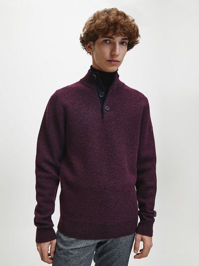 Calvin Klein Ruhák HU076559 | Calvin Klein Wool Cotton Button Neck Férfi Pulóver Bordó